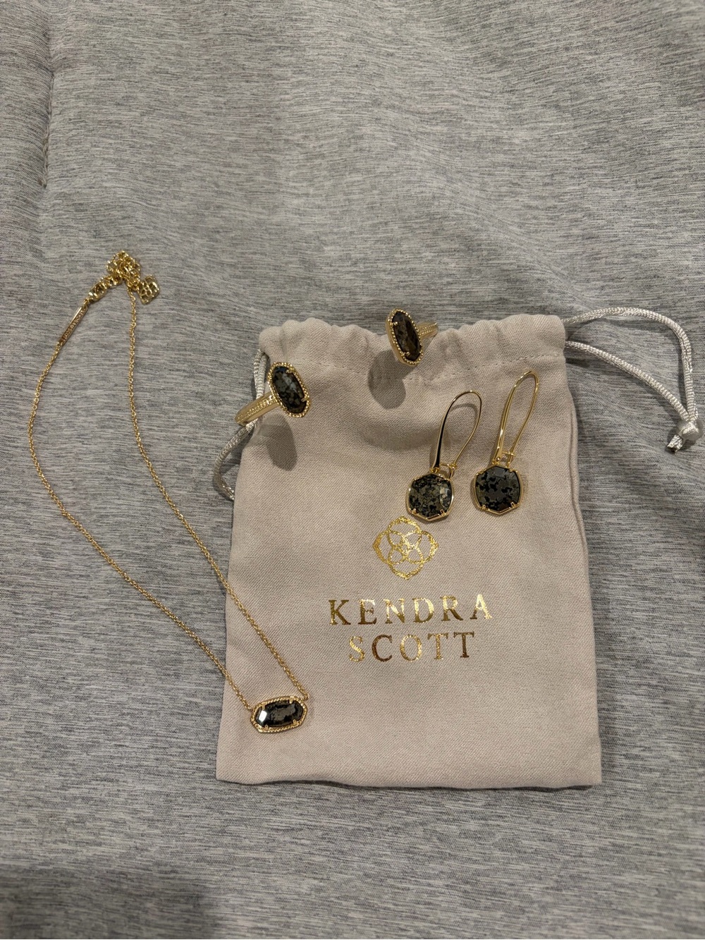 Kendra Scott Gold Necklace, Earrings and Ring Set with Black Drusy Stones